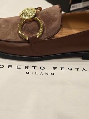Roberto Festa Milano Women's Brown Suede Loafers with Gold Buckle
